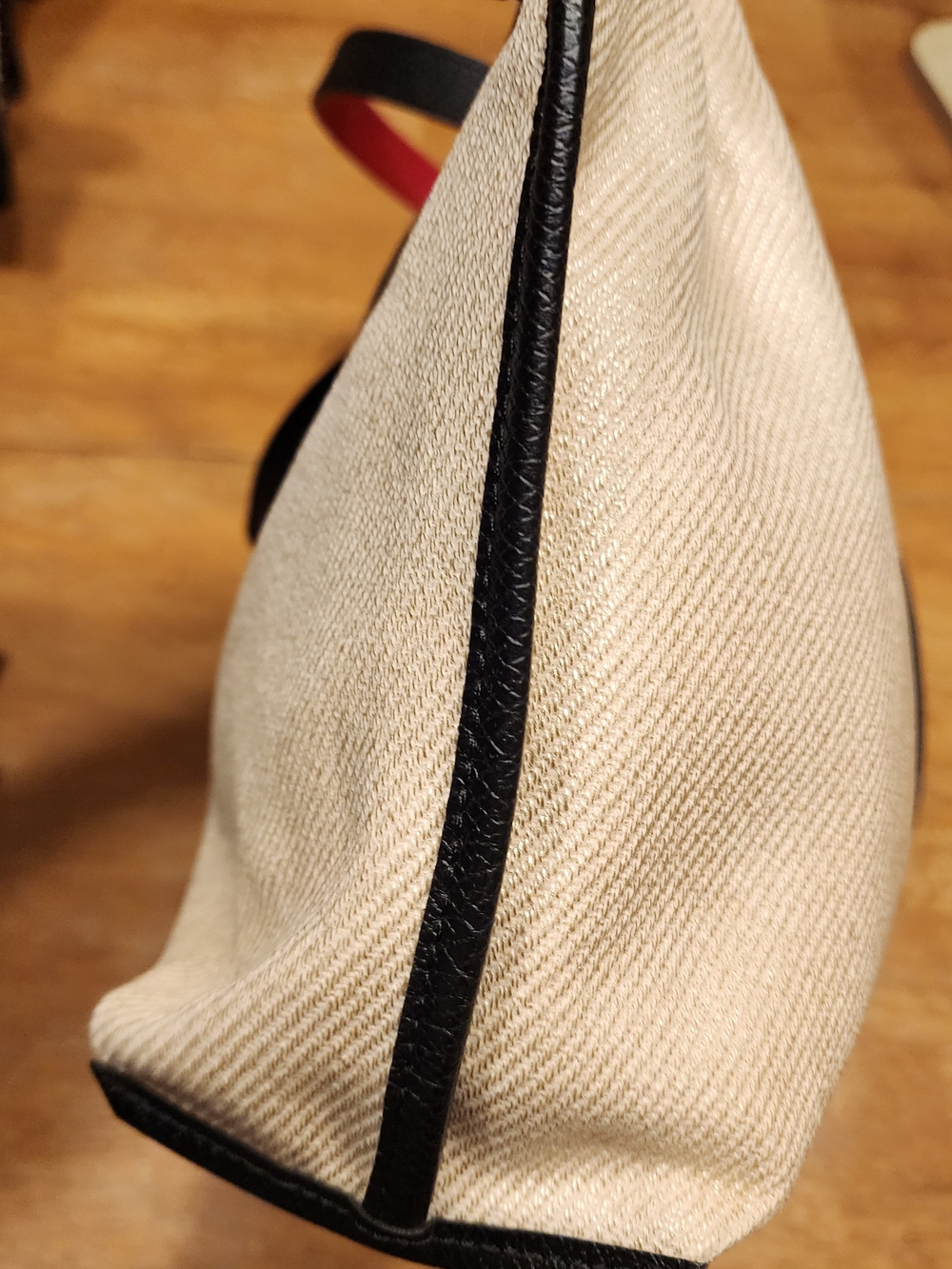 Longchamp Beige Canvas Tote with Black and Red Stripe - Picture 8 of 14